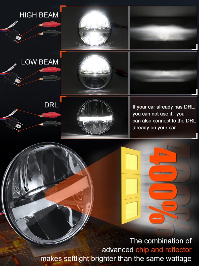 UNI-SHINE 5 3/4'' 5.75 Inch LED Headlight Round 4pcs Reflector Hi/Lo Beam With DRL Sealed Beam H5001 H5006 Compatible With Peterbilt 349 359, Chevy Impala 59-76, Dodge - Image 4
